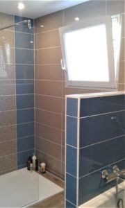 Salle de bain bleue et grise